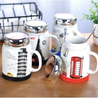 Cốc sứ uống nước hoạ tiết nắp gương kèm thìa inox 500ml - Ảnh 1