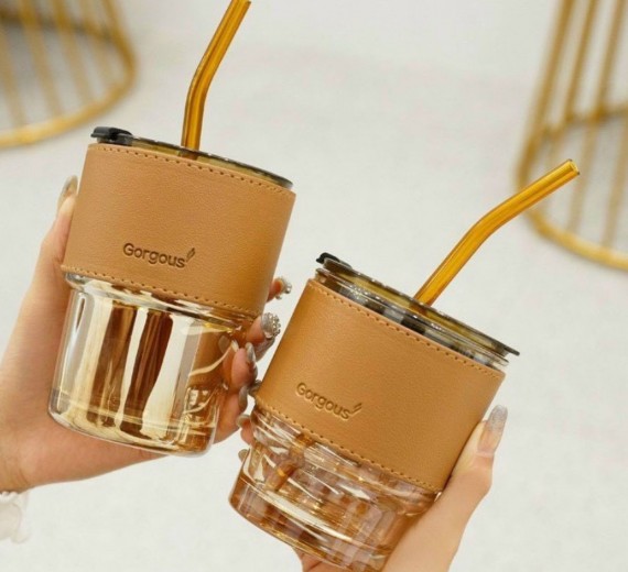 Cốc thuỷ tinh bọc da có ống hút 450ml