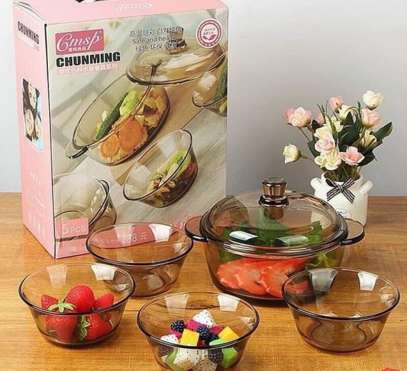 BỘ 3 NỒI VÀ CHÉN BÁT THỦY TINH TRONG SUỐT CHỊU NHIỆT CHUNMING