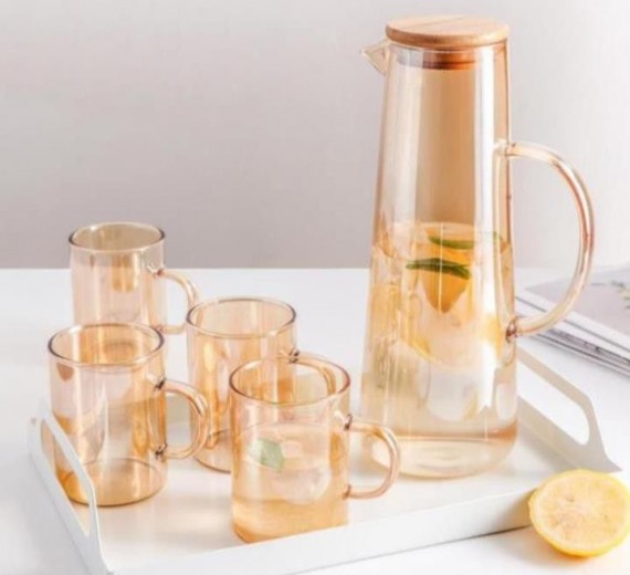 Bình Nước Thủy Tinh 1500ml Nắp Gỗ Màu Hổ Phách Trong Suốt Sang Trọng