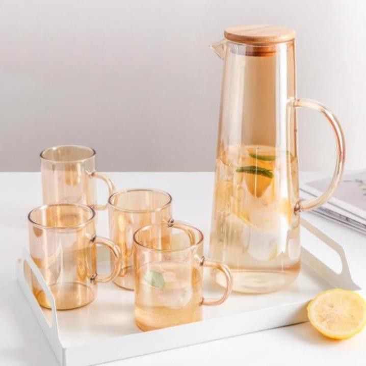 Bình Nước Thủy Tinh 1500ml Nắp Gỗ Màu Hổ Phách Trong Suốt Sang Trọng - Ảnh 1