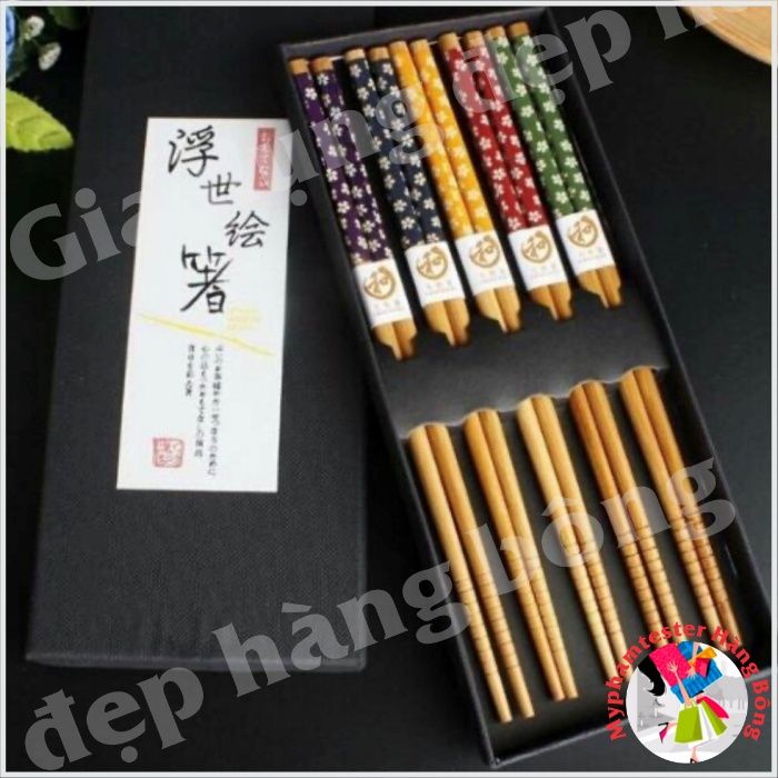 Hộp 5 đôi đũa trúc họa tiết Nhật, hàng xuất Nhật - Ảnh 1